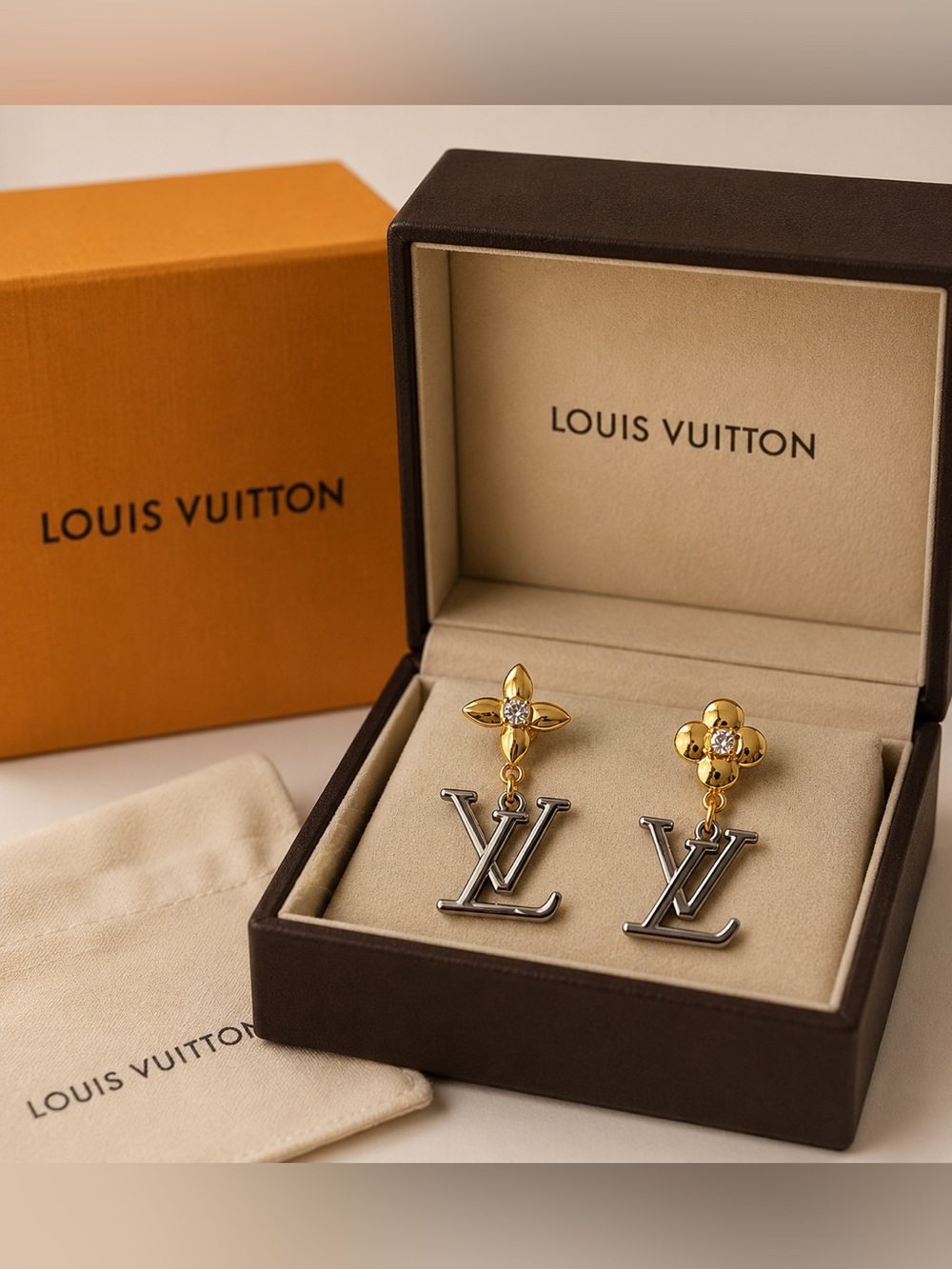 RARE Louis Vuitton Gold and Silver Monogram Earrings